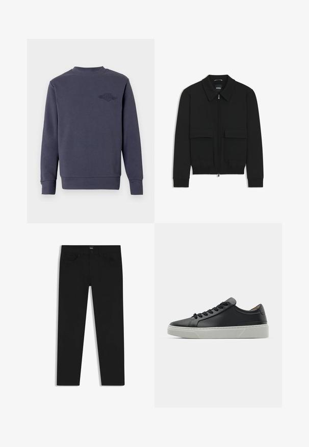 Zwarte bomberjack met een kraag, rits aan de voorkant en twee grote klepzakken. Heeft geribde manchetten en onderrand, gemaakt van textuurstof.; Donkerblauwe sweatshirt van zachte stof, met een ronde hals en geribde manchetten. Geborduurd logo op de linkerborst.; Zwarte denim broek met een rechte snit, voorzien van een standaard tailleband, vijf zakken en een knoopsluiting. Gladde textuur overal.; Zwarte leren sneaker met een gladde textuur, ronde neus en zwarte veters. Heeft een dikke, witte rubberen zool met subtiele geometrische accenten.