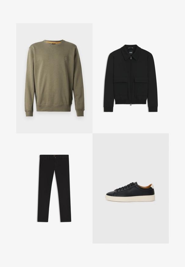 Musta pommikohva takki, jossa on kauluskulli, vetoketju etupuolella ja kaksi suurta läpällistä taskua. Varustettu ribbireunuksilla hihoissa ja helmassa, valmistettu teksturoituneesta kankaasta.; Oliivivihreä Collegepaita pehmeästä puuvillasekoitteesta, jossa on pyöreä pääntie, ribbauskudot hihansuissa ja pieni logopatchi rinnassa.; Mustat housut, jotka on valmistettu sileätekstiilisestä kankaasta. Varustettu nappikiinnityksellä, vyölenkeillä ja sivutaskuilla. Standardi suora lahjemalli.; Mustat nahkasneakerit, joissa on sileä pinta, beige kumipohja, nauhakiinnitys ja erottuva kanta-aksentti.