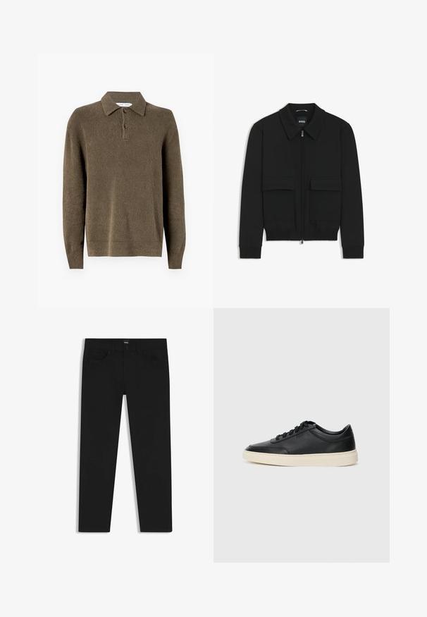 Czarna kurtka bomberka z kołnierzykiem, zapinana na zamek, z dwiema dużymi kieszeniami z klapami. Posiada ściągacze na mankietach i dole, wykonana z teksturowanej tkaniny.; Brązowy sweter z dzianiny z kołnierzykiem, trzema guzikami, długimi rękawami i teksturowanym materiałem. Klasyczny krój i jednolity kolor.; Czarne dżinsy o prostym kroju, z klasycznym paskiem, pięcioma kieszeniami i zapięciem na guzik. Gładka faktura na całej powierzchni.; Czarne niskie skórzane sneakersy z czarnymi sznurówkami i off-white podeszwą, prezentowane w profilu bocznym na białym tle.
