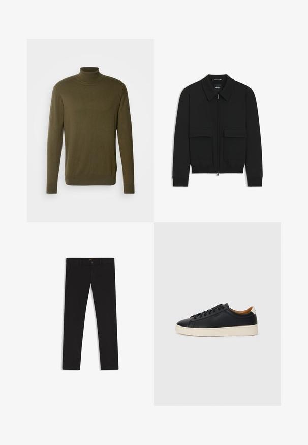 Black bomber jacket with a collared neck, zip front, and two large flap pockets. Features ribbed cuffs and hem, made of textured fabric.; Olive green turtleneck sweater made from smooth, lightweight fabric; features long sleeves and ribbed cuffs and hem.; Black trousers made of fabric with a smooth texture. Features a button closure, belt loops, and side pockets. Standard straight-leg design.; Black leather sneakers with a smooth texture, beige rubber sole, lace-up design, and a contrasting heel accent.