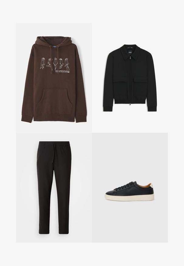 Black bomber jacket with a collared neck, zip front, and two large flap pockets. Features ribbed cuffs and hem, made of textured fabric.; Brown hoodie with a drawstring hood, front pocket, and white line art design depicting figures. Features "KID SUPER STUDIOS" logo.; Black jogger pants made of smooth fabric. Feature an elastic waistband with a drawstring, tapered legs, and no visible pockets. Simple design.; Black leather sneakers with a smooth texture, beige rubber sole, lace-up design, and a contrasting heel accent.