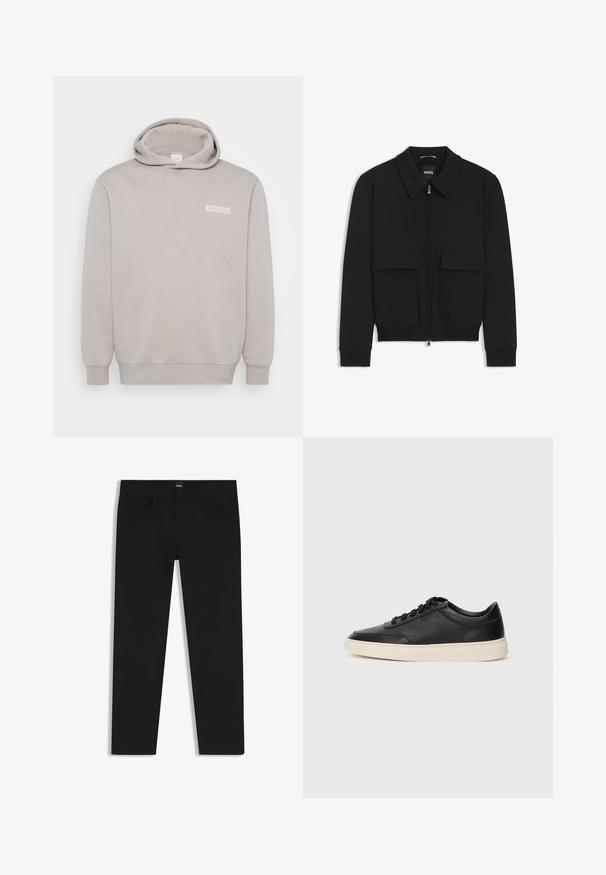Giacca bomber nera con colletto, chiusura a zip frontale e due grandi tasche con patta. Presenta polsini e orlo a costine, realizzata in tessuto testurizzato.; Felpa grigia chiara realizzata in morbido tessuto misto cotone. Presenta una tasca frontale, polsini a costine e un piccolo logo sul petto. Design semplice.; Pantaloni in denim nero con taglio dritto, dotati di vita standard, cinque tasche e chiusura con bottone. Texture liscia su tutta la superficie.; Sneaker in pelle nera a basso profilo con lacci neri e suola avorio, mostrato di profilo su sfondo bianco.