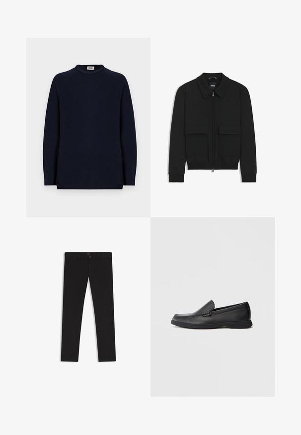 Giacca bomber nera con colletto, chiusura a zip frontale e due grandi tasche con patta. Presenta polsini e orlo a costine, realizzata in tessuto testurizzato.; Maglione a maniche lunghe color blu navy con collo a giro e una piccola etichetta bianca all'interno del colletto che riporta la scritta "DRYKORN".; Pantaloni neri realizzati in tessuto con una superficie liscia. Presentano una chiusura con bottone, passanti per cintura e tasche laterali. Design a gamba dritta standard.; Mocassino slip-on in pelle nera con sopra testurizzato, punta arrotondata, tacco basso e suola in gomma, mostrato in profilo laterale su sfondo bianco.