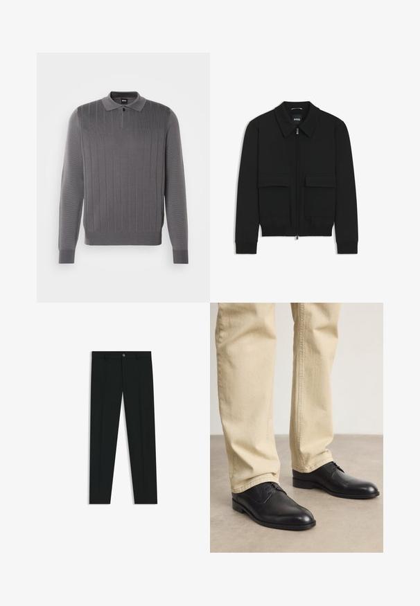 Giacca bomber nera con colletto, chiusura a zip frontale e due grandi tasche con patta. Presenta polsini e orlo a costine, realizzata in tessuto testurizzato.; Maglione polo a maniche lunghe grigio con una trama a coste, dotato di colletto e patta con due bottoni, e un design aderente per un aspetto slanciato.; Pantaloni neri in tessuto lisci, con design a gamba dritta. Presentano una chiusura frontale con bottone e passanti per cintura. Senza fantasie.; Scarpe stringate in pelle nera con punta arrotondata, finitura liscia e dettagli di cucitura sottili, indossate con pantaloni beige chiaro.
