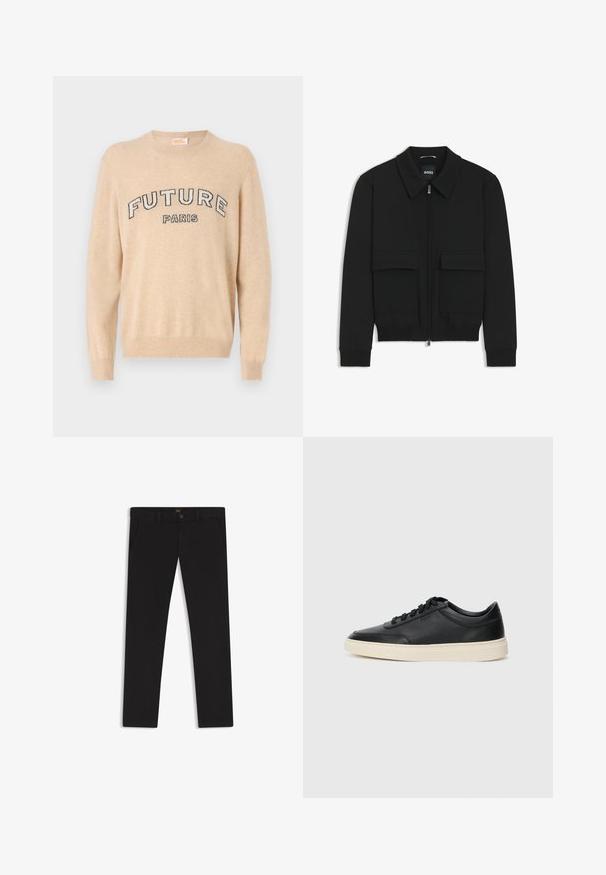 Svart bomberjacka med krage, dragkedja framtill och två stora klafffickor. Har ribbade mudd och nederkant, tillverkad av strukturerad tyg.; Beige sweater i mjukt material, med rund halsringning, långa ärmar och texten "FUTURE PARIS" i mörka bokstäver över bröstet.; Svarta byxor gjorda av tyg med en slät textur. Har en knäppning med knapp, bälteshällor och sidofickor. Standard rakt ben-design.; Svart låg skor i läder med svarta snören och off-white sula, visas i sidoprofil på vit bakgrund.