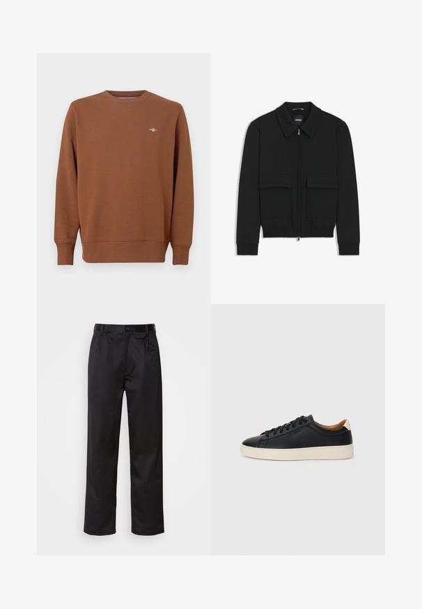 Veste bomber noire avec col, fermeture éclair à l'avant et deux grandes poches à rabat. Dotée de poignets et d'un bas côtelés, fabriquée en tissu texturé.; Sweat-shirt marron à col rond en matière douce, manches longues et petit logo brodé sur la poitrine. Poignets et ourlet côtelés.; Pantalon noir en tissu lisse, avec une fermeture à bouton sur le devant, des plis et des jambes droites. Aucun motif ou accent visible.; Baskets en cuir noir avec une texture lisse, semelle en caoutchouc beige, design à lacets et accent de talon contrasté.