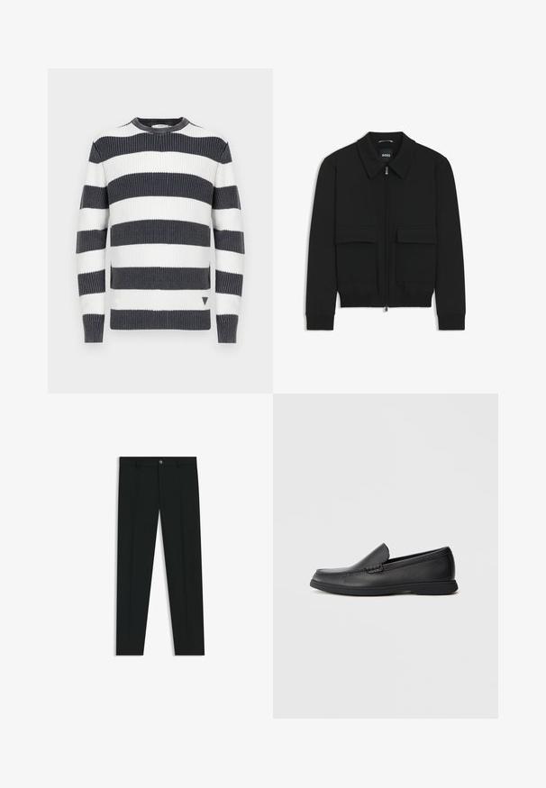 Svart bomberjacka med krage, dragkedja framtill och två stora klafffickor. Har ribbade mudd och nederkant, tillverkad av strukturerad tyg.; Randig tröja med kraftiga horisontella ränder i marinblått och vitt; ribbad struktur; rund halsringning; liten triangulär detalj vid fållen.; Svarta dressbyxor med rak bendesign, gjorda av ett mjukt tyg. Har stängning med frontknapp och bälteshällor. Enfärgade utan mönster.; Svart läder slip-on loafers med texturerad ovandel, rund tå, låg klack och gummisulor, visad i sidoprofil mot vit bakgrund.
