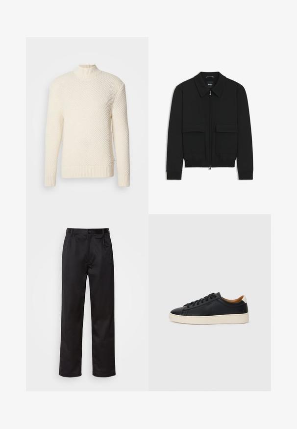 Schwarze Bikerjacke mit Kragen, Reißverschluss vorne und zwei großen Taschen mit Klappen. Mit Rippstrickbündchen und Saum, aus strukturiertem Stoff gefertigt.; Cremfarbener, strukturierter Strickpullover mit langen Ärmeln und einem gerippten Stehkragen, Bündchen und Saum auf einem weißen Hintergrund.; Schwarze Hosen aus glattem Stoff, mit einem Knopfverschluss vorne, Falten und geraden Beinen. Keine sichtbaren Muster oder Akzente.; Schwarze Ledersneaker mit glatter Textur, beiger Gummisohle, Schnürdesign und einem kontrastierenden Fersenakzent.
