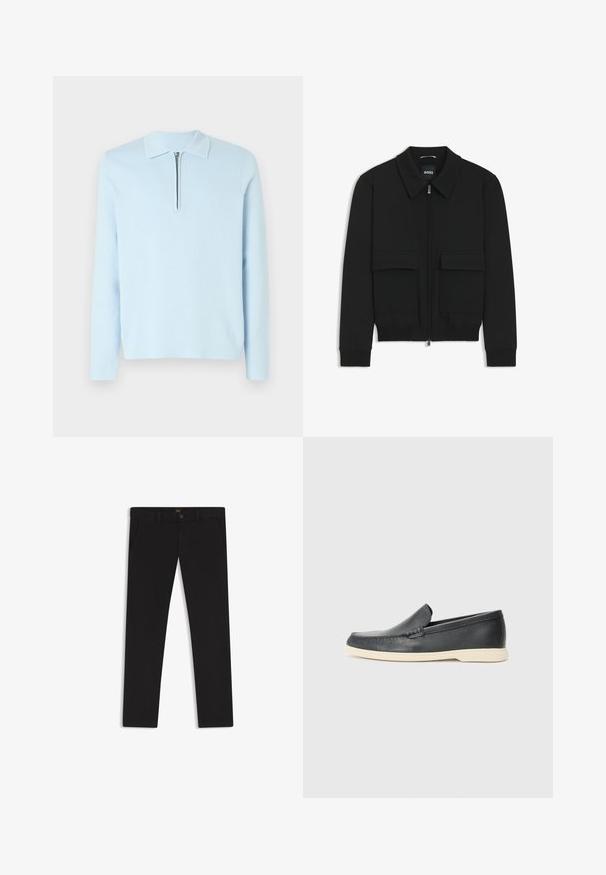Black bomber jacket with a collared neck, zip front, and two large flap pockets. Features ribbed cuffs and hem, made of textured fabric.; Light blue long-sleeve polo sweater in a soft knit fabric, featuring a collar and a half zipper at the neckline. Smooth texture, minimal design.; Black trousers made of fabric with a smooth texture. Features a button closure, belt loops, and side pockets. Standard straight-leg design.; Black leather slip-on loafers with a textured finish and a contrasting beige rubber sole. Features a subtle accent along the front.