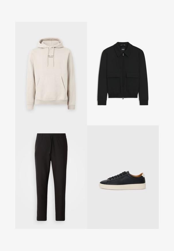 Giacca bomber nera con colletto, chiusura a zip frontale e due grandi tasche con patta. Presenta polsini e orlo a costine, realizzata in tessuto testurizzato.; Felpa beige realizzata in tessuto morbido, dotata di tasca a marsupio, cappuccio con cordini e piccolo logo in testo nero sul petto.; Pantaloni jogger neri realizzati in tessuto liscio. Presentano una vita elasticizzata con stringa, gambe affusolate e senza tasche visibili. Design semplice.; Sneakers in pelle nera con una texture liscia, suola in gomma beige, design con lacci e un accento del tacco in contrasto.