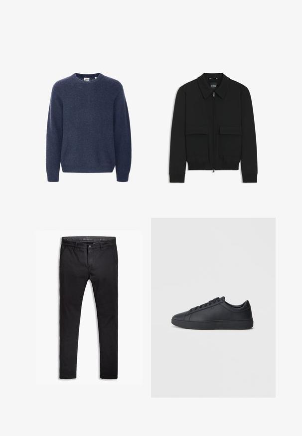 Giacca bomber nera con colletto, chiusura a zip frontale e due grandi tasche con patta. Presenta polsini e orlo a costine, realizzata in tessuto testurizzato.; Maglione in navy blue a maglia con colletto rotondo, maniche lunghe e texture a coste. Realizzato in tessuto morbido e accogliente.; Chinos neri in cotone con vestibilità affusolata, dotati di cinque tasche, passanti per cintura e una superficie liscia. Chiusura con zip e bottone.; Sneakers neri realizzati in pelle liscia, con design a bassa cima, punta rotonda e suola piatta in gomma. Presentano lacci e un branding discreto.