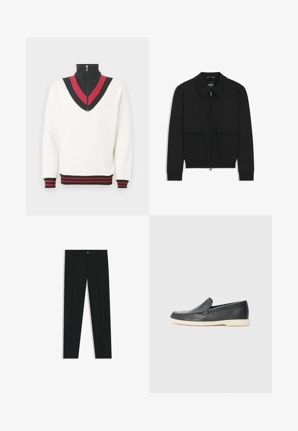 Giacca bomber nera con colletto, chiusura a zip frontale e due grandi tasche con patta. Presenta polsini e orlo a costine, realizzata in tessuto testurizzato.; Maglione bianco con collo alto, caratterizzato da un motivo a V nero e rosso sul petto e da polsini e orlo a costine a contrasto.; Pantaloni neri in tessuto lisci, con design a gamba dritta. Presentano una chiusura frontale con bottone e passanti per cintura. Senza fantasie.; Mocassini neri in pelle con finitura testurizzata e suola in gomma beige a contrasto. Presentano un accento sottile lungo la parte anteriore.