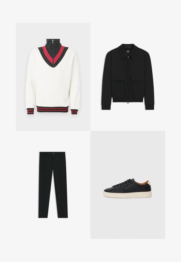 Schwarze Bikerjacke mit Kragen, Reißverschluss vorne und zwei großen Taschen mit Klappen. Mit Rippstrickbündchen und Saum, aus strukturiertem Stoff gefertigt.; Weißer Pullover mit hohem Kragen, mit einem schwarzen und roten V-förmigen Design auf der Brust sowie kontrastierenden gerippten Bündchen und Saum.; Schwarze Anzughosen mit geradem Bein, aus glattem Stoff. Mit Knopfverschluss vorne und Gürtelschlaufen. Schlicht ohne Muster.; Schwarze Ledersneaker mit glatter Textur, beiger Gummisohle, Schnürdesign und einem kontrastierenden Fersenakzent.