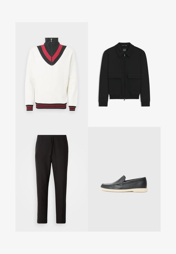 Giacca bomber nera con colletto, chiusura a zip frontale e due grandi tasche con patta. Presenta polsini e orlo a costine, realizzata in tessuto testurizzato.; Maglione bianco con collo alto, caratterizzato da un motivo a V nero e rosso sul petto e da polsini e orlo a costine a contrasto.; Pantaloni jogger neri realizzati in tessuto liscio. Presentano una vita elasticizzata con stringa, gambe affusolate e senza tasche visibili. Design semplice.; Mocassini neri in pelle con finitura testurizzata e suola in gomma beige a contrasto. Presentano un accento sottile lungo la parte anteriore.