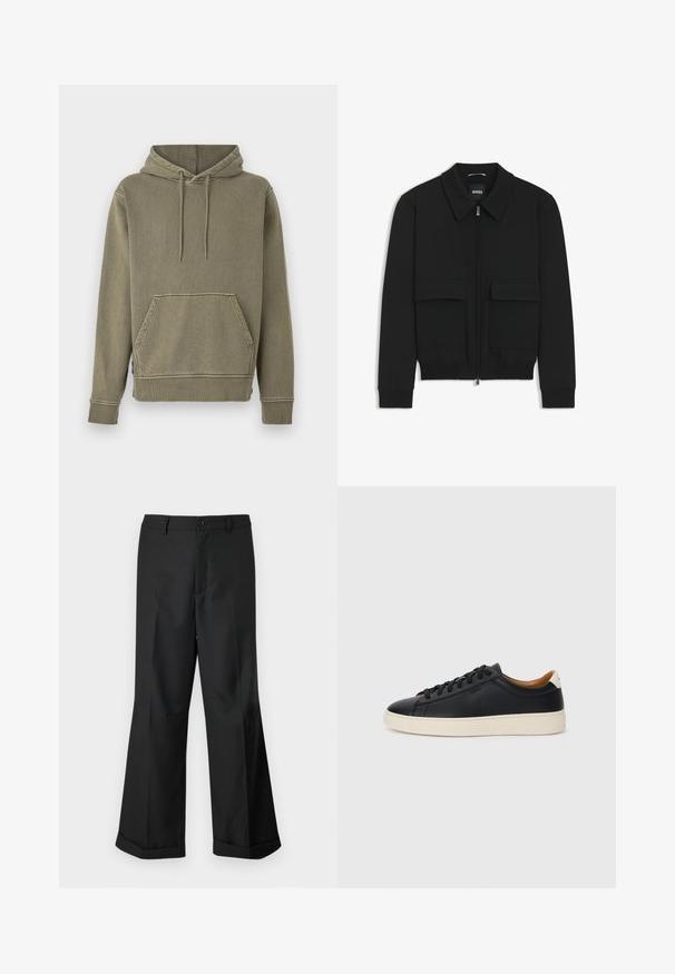 Schwarze Bikerjacke mit Kragen, Reißverschluss vorne und zwei großen Taschen mit Klappen. Mit Rippstrickbündchen und Saum, aus strukturiertem Stoff gefertigt.; Olivgrüner Kapuzenpullover mit strukturiertem Finish, vordertasche in Känguru-Form und gerippten Bündchen sowie Saum. Mit Zugband zur Anpassung der Kapuze.; Schwarze weit geschnittene Hosen mit geknöpftem Bund und umgeschlagenen Säumen, vor einem schlichten weißen Hintergrund präsentiert.; Schwarze Ledersneaker mit glatter Textur, beiger Gummisohle, Schnürdesign und einem kontrastierenden Fersenakzent.