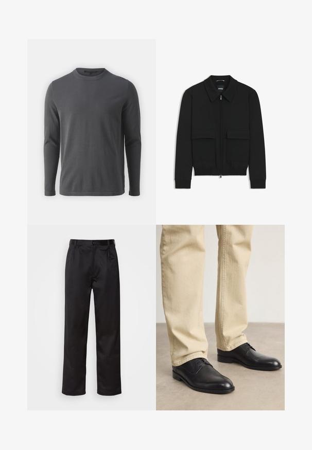Giacca bomber nera con colletto, chiusura a zip frontale e due grandi tasche con patta. Presenta polsini e orlo a costine, realizzata in tessuto testurizzato.; Maglietta grigia a maniche lunghe realizzata in tessuto morbido. Presenta un collo a giro, un orlo dritto e un design minimalista senza motivi o accenti.; Pantaloni neri realizzati in tessuto morbido, con chiusura frontale a bottone, pieghe e gambe dritte. Nessun motivo o accento visibile.; Scarpe stringate in pelle nera con punta arrotondata, finitura liscia e dettagli di cucitura sottili, indossate con pantaloni beige chiaro.