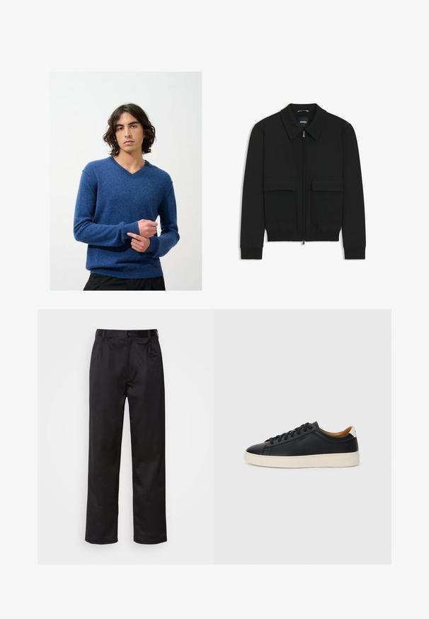 Schwarze Bikerjacke mit Kragen, Reißverschluss vorne und zwei großen Taschen mit Klappen. Mit Rippstrickbündchen und Saum, aus strukturiertem Stoff gefertigt.; Blauer V-Ausschnitt-Pullover aus weichem Strickmaterial mit gerippten Bündchen und Saum; Modell trägt ihn drinnen vor einem schlichten Hintergrund.; Schwarze Hosen aus glattem Stoff, mit einem Knopfverschluss vorne, Falten und geraden Beinen. Keine sichtbaren Muster oder Akzente.; Schwarze Ledersneaker mit glatter Textur, beiger Gummisohle, Schnürdesign und einem kontrastierenden Fersenakzent.