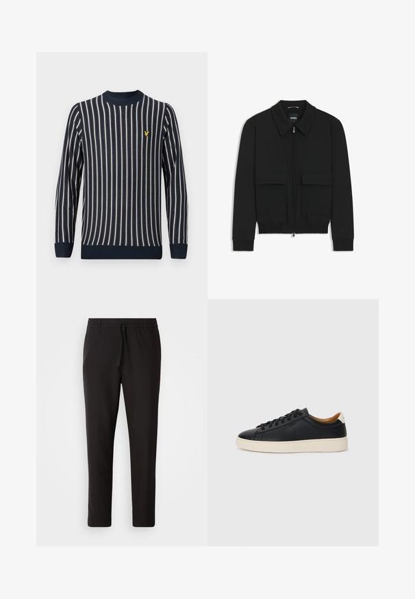 Schwarze Bikerjacke mit Kragen, Reißverschluss vorne und zwei großen Taschen mit Klappen. Mit Rippstrickbündchen und Saum, aus strukturiertem Stoff gefertigt.; Navy gestreifter Pullover mit horizontalen cremefarbenen Streifen, Rundhalsausschnitt, gerippte Bündchen und Saum, mit einem kleinen gelben Logo auf der Brust.; Schwarze Jogginghose aus glattem Stoff. Mit einem elastischen Bund und Kordelzug, schmal zulaufenden Beinen und ohne sichtbare Taschen. Einfaches Design.; Schwarze Ledersneaker mit glatter Textur, beiger Gummisohle, Schnürdesign und einem kontrastierenden Fersenakzent.