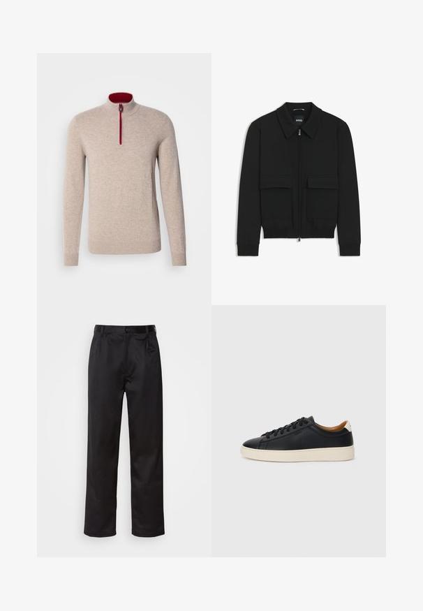 Sort bomberjakke med krave, lynlås foran og to store klaplommer. Har ribbede manchetter og bund, lavet af struktureret stof.; Beige pullover sweater med høj krave og en kort lynlås. Har røde accenter langs lynlåsen og en glat, blød tekstur.; Sorte bukser lavet af glat stof, med frontknaplukning, pressefolder og lige ben. Ingen synlige mønstre eller accenter.; Sorte lædersneakers med en glat overflade, beige gummisål, snørebåndsdesign og en kontrastfarvet hæl.