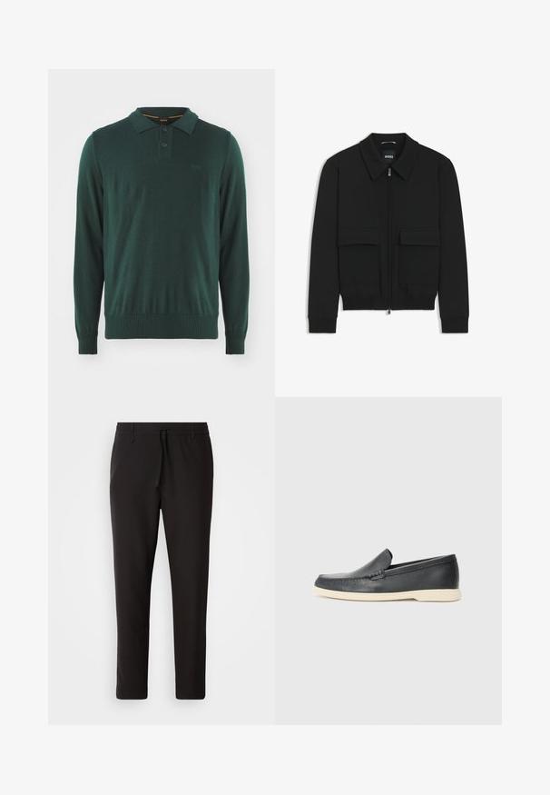 Schwarze Bikerjacke mit Kragen, Reißverschluss vorne und zwei großen Taschen mit Klappen. Mit Rippstrickbündchen und Saum, aus strukturiertem Stoff gefertigt.; Grüner Langarm-Polo-Pullover mit einer Knopfleiste mit zwei Knöpfen, gerippten Bündchen und Saum, versehen mit einem dezenten Logo auf der Brust.; Schwarze Jogginghose aus glattem Stoff. Mit einem elastischen Bund und Kordelzug, schmal zulaufenden Beinen und ohne sichtbare Taschen. Einfaches Design.; Schwarze Leder-Slipper mit strukturiertem Finish und einer kontrastierenden beige Gummisohle. Mit einem dezenten Akzent an der Vorderseite.