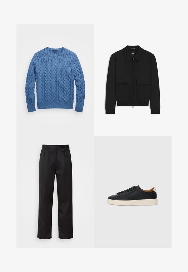 Svart bomberjacka med krage, dragkedja framtill och två stora klafffickor. Har ribbade mudd och nederkant, tillverkad av strukturerad tyg.; Polo Ralph Lauren CABLE-KNIT COTTON SWEATER - Stickad tröja - lake heather; Svarta byxor i slätt tyg med framknäppning, veck och raka ben. Inga synliga mönster eller detaljer.; Svarta lädersneakers med en slät yta, beige gummisula, snörning och en kontrasterande hälackcent.