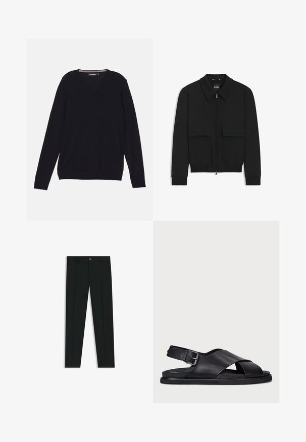Musta pommikohva takki, jossa on kauluskulli, vetoketju etupuolella ja kaksi suurta läpällistä taskua. Varustettu ribbireunuksilla hihoissa ja helmassa, valmistettu teksturoituneesta kankaasta.; Mustapaitainen pitkähihaisessa V-pääntiellä varustettu neule on valmistettu sileästä ja kevyestä kankaasta. Siinä on ribbaustekniikalla valmistetut hihansuut ja helma, jotka luovat istuvan ilmeen.; Musta housut, joissa on suora lahje, valmistettu sileästä kankaasta. Edessä nappisulku ja vyölenkit. Yksinkertainen ilman kuvioita.; Polo Ralph Lauren ZANE LEATHER SANDAL - Sandaalit nilkkaremmillä - black