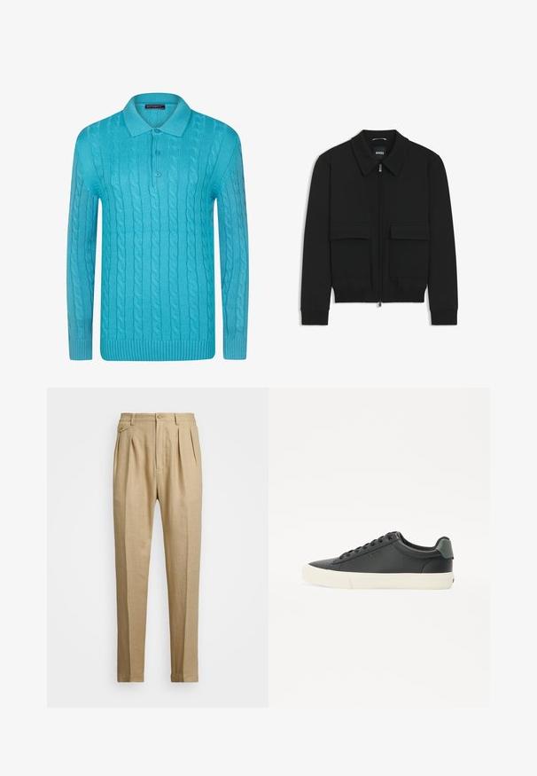 Sort bomberjakke med krave, lynlås foran og to store klaplommer. Har ribbede manchetter og bund, lavet af struktureret stof.; Turkisblå strikket pullover med kabelmønster, ribbet manchetter og kant samt en klassisk polo-krave med to knapper.; Beige linnedbukser med lige snit, prydet med to forkørsler, knaplukning og sidelommer. Struktureret stof med en glat overflade.; Sorte lædersneakers med en tekstureret overflade, hvid gummisål, rund tå og grøn detalje ved hælen. Seks øjer snørebånd.