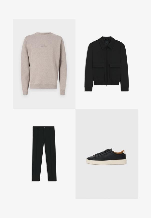 Schwarze Bikerjacke mit Kragen, Reißverschluss vorne und zwei großen Taschen mit Klappen. Mit Rippstrickbündchen und Saum, aus strukturiertem Stoff gefertigt.; Helle graue Sweatshirt aus weichem Stoff, mit Rundhals, langen Ärmeln und gerippten Bündchen und Saum. Dezentes Logo auf der Vorderseite gestickt.; Schwarze Anzughosen mit geradem Bein, aus glattem Stoff. Mit Knopfverschluss vorne und Gürtelschlaufen. Schlicht ohne Muster.; Schwarze Ledersneaker mit glatter Textur, beiger Gummisohle, Schnürdesign und einem kontrastierenden Fersenakzent.