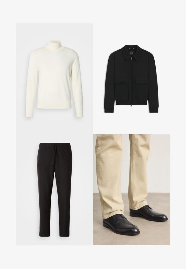 Giacca bomber nera con colletto, chiusura a zip frontale e due grandi tasche con patta. Presenta polsini e orlo a costine, realizzata in tessuto testurizzato.; Pullover a collo alto di colore crema, realizzato in tessuto morbido, con maniche lunghe e una silhouette aderente, privo di motivi o decorazioni visibili.; Pantaloni jogger neri realizzati in tessuto liscio. Presentano una vita elasticizzata con stringa, gambe affusolate e senza tasche visibili. Design semplice.; Scarpe stringate in pelle nera con punta arrotondata, finitura liscia e dettagli di cucitura sottili, indossate con pantaloni beige chiaro.