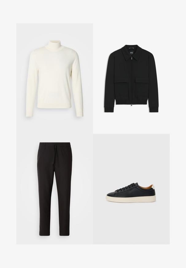 Veste bomber noire avec col, fermeture éclair à l'avant et deux grandes poches à rabat. Dotée de poignets et d'un bas côtelés, fabriquée en tissu texturé.; Pull col roulé couleur crème en tissu doux, avec des manches longues et une silhouette ajustée, sans motifs visibles ni embellissements.; Pantalons de jogging noirs en tissu lisse. Dotés d'une taille élastique avec cordon de serrage, jambes fuselées, et sans poches visibles. Design simple.; Baskets en cuir noir avec une texture lisse, semelle en caoutchouc beige, design à lacets et accent de talon contrasté.