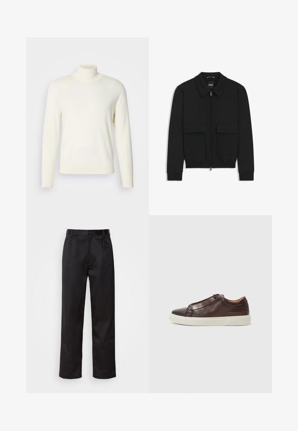 Zwarte bomberjack met een kraag, rits aan de voorkant en twee grote klepzakken. Heeft geribde manchetten en onderrand, gemaakt van textuurstof.; Crème-kleurige coltrui gemaakt van zachte stof, met lange mouwen en een aansluitende silhouet, zonder zichtbare patronen of versieringen.; Zwarte broek van een gladde stof, met een sluiting met een knoop aan de voorkant, plooien en rechte pijpen. Geen zichtbare patronen of accenten.; Bruine leren sneaker met een ronde neus, contrasterende witte rubberen zool, gestikte accenten en geen zichtbare veters. Over het algemeen een gladde textuur.