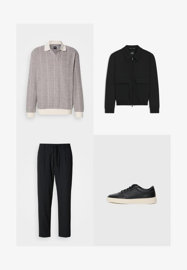 Black bomber jacket with a collared neck, zip front, and two large flap pockets. Features ribbed cuffs and hem, made of textured fabric.; Long-sleeve knit polo sweater with textured brown and white pattern, cream collar, and cream ribbed cuffs and hem.; Black tapered pants with elastic waistband and drawstring, front pleats, and side pockets on a white background.; Black low-top leather sneaker with black laces and off-white sole shown in side profile on white background.