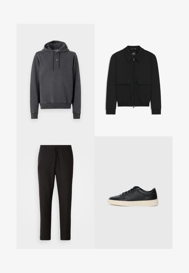 Giacca bomber nera con colletto, chiusura a zip frontale e due grandi tasche con patta. Presenta polsini e orlo a costine, realizzata in tessuto testurizzato.; Felpa con cappuccio grigia scura, realizzata in morbido misto cotone. Presenta una tasca a marsupio, polsini a costine e un piccolo logo sul petto.; Pantaloni jogger neri realizzati in tessuto liscio. Presentano una vita elasticizzata con stringa, gambe affusolate e senza tasche visibili. Design semplice.; Sneaker in pelle nera a basso profilo con lacci neri e suola avorio, mostrato di profilo su sfondo bianco.