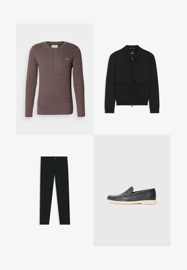 Zwarte bomberjack met een kraag, rits aan de voorkant en twee grote klepzakken. Heeft geribde manchetten en onderrand, gemaakt van textuurstof.; Bruine kabelgebreide trui met een ronde hals, lange mouwen en geribbelde manchetten en zoom. Bevat een klein geborduurd logo op de borst.; Zwarte dresspants met een recht pasvorm, gemaakt van een gladde stof. Heeft een sluiting met een knoop aan de voorkant en ceintuurlussen. Effen zonder patronen.; Zwarte leren instappers met een gestructureerde afwerking en een contrasterende beige rubberen zool. Beschikt over een subtiele accent langs de voorkant.