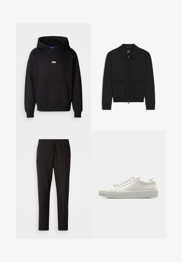 Giacca bomber nera con colletto, chiusura a zip frontale e due grandi tasche con patta. Presenta polsini e orlo a costine, realizzata in tessuto testurizzato.; Felpa con cappuccio nera in morbido tessuto, dotata di una tasca a marsupio frontale e di un piccolo logo bianco "HUGO" sul petto.; Pantaloni jogger neri realizzati in tessuto liscio. Presentano una vita elasticizzata con stringa, gambe affusolate e senza tasche visibili. Design semplice.; Sneaker bianca in pelle con punta arrotondata, design minimalista, lacci grigi e suola in gomma grigia testurizzata. Dettagli di cucitura sottili visibili.