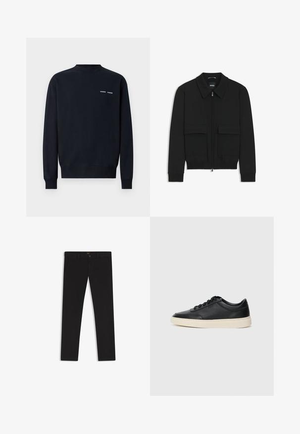Zwarte bomberjack met een kraag, rits aan de voorkant en twee grote klepzakken. Heeft geribde manchetten en onderrand, gemaakt van textuurstof.; Donkerblauwe sweatshirt van katoen. Heeft een ronde hals, lange mouwen en twee kleine witte merknamen op de bovenste linkerkant van de borst.; Zwarte broek van stof met een gladde textuur. Bevat een knoopsluiting, riemlussen en zijzakken. Standaard straight-leg ontwerp.; Zwarte leren sneaker met lage schacht, zwarte veters en off-white zool, weergegeven in zijprofiel op een witte achtergrond.
