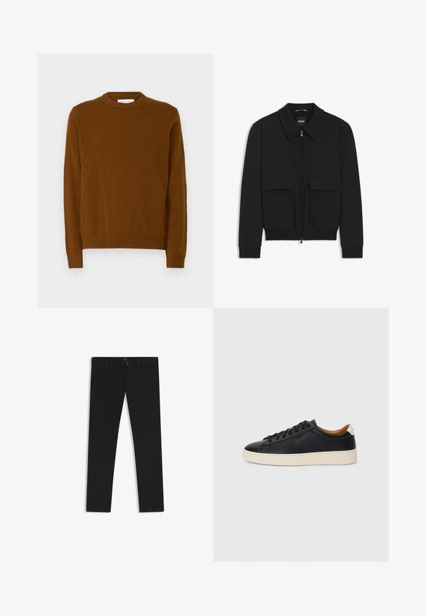 Zwarte bomberjack met een kraag, rits aan de voorkant en twee grote klepzakken. Heeft geribde manchetten en onderrand, gemaakt van textuurstof.; Bruine gebreide trui met een ronde hals, lange mouwen, geribde manchetten en onderrand. Zachte textuur met een gladde afwerking.; Zwarte broek van stof met een gladde textuur. Bevat een knoopsluiting, riemlussen en zijzakken. Standaard straight-leg ontwerp.; Zwarte leren sneakers met een gladde textuur, beige rubberen zool, vetersluiting en een contrasterende hielaccent.