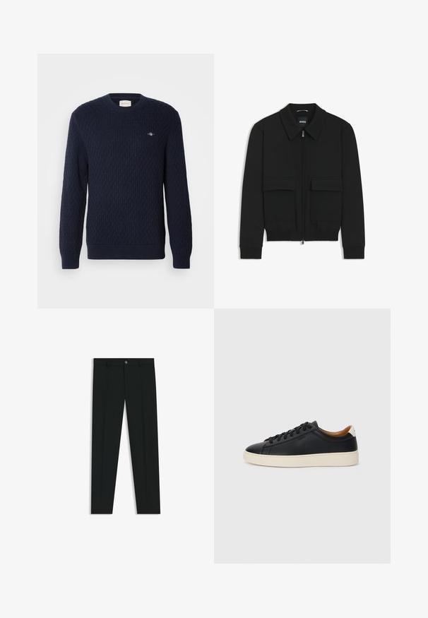 Zwarte bomberjack met een kraag, rits aan de voorkant en twee grote klepzakken. Heeft geribde manchetten en onderrand, gemaakt van textuurstof.; Marineblauw gebreid sweater met een diamantstructuur, ronde hals en geribde manchetten. Klein logo geborduurd op de bovenste linkerkant.; Zwarte dresspants met een recht pasvorm, gemaakt van een gladde stof. Heeft een sluiting met een knoop aan de voorkant en ceintuurlussen. Effen zonder patronen.; Zwarte leren sneakers met een gladde textuur, beige rubberen zool, vetersluiting en een contrasterende hielaccent.