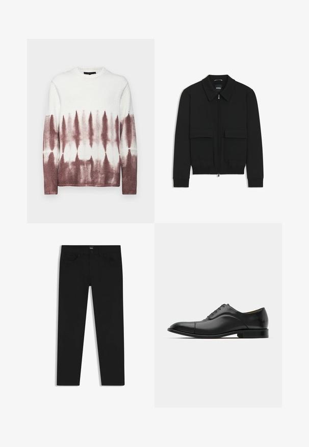 Schwarze Bikerjacke mit Kragen, Reißverschluss vorne und zwei großen Taschen mit Klappen. Mit Rippstrickbündchen und Saum, aus strukturiertem Stoff gefertigt.; Fleece-Pullover mit Rundhalsausschnitt, der ein Batikmuster zeigt, das oben in Weiß und unten in Burgunderrot übergeht. Weiche Textur.; Schwarze Denim-Hosen mit geradem Schnitt, ausgestattet mit einem Standardbund, fünf Taschen und einem Knopfverschluss. Angenehme, glatte Textur.; Schwarze Leder-Dress-Schuhe mit glatter Textur, runder Zehenform und fünf Ösen. Sie verfügen über einen niedrigen, gestapelten Absatz und dezente Nahtdetails.