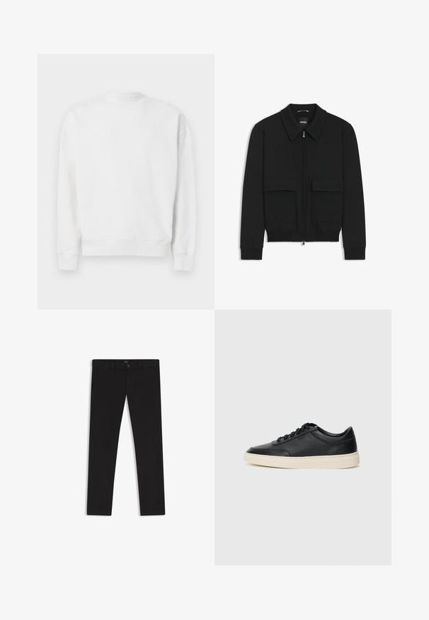 Black bomber jacket with a collared neck, zip front, and two large flap pockets. Features ribbed cuffs and hem, made of textured fabric.; White sweatshirt made of soft fabric, featuring a high neck, long sleeves, and ribbed cuffs and hem. No patterns or accents present.; Black trousers made of fabric with a smooth texture. Features a button closure, belt loops, and side pockets. Standard straight-leg design.; Black low-top leather sneaker with black laces and off-white sole shown in side profile on white background.