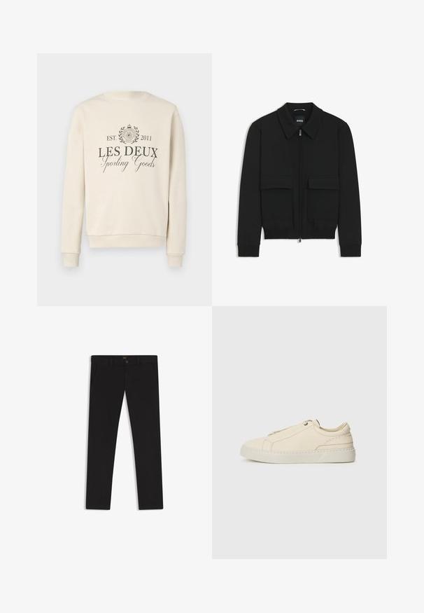 Black bomber jacket with a collared neck, zip front, and two large flap pockets. Features ribbed cuffs and hem, made of textured fabric.; Cream sweatshirt with a rounded neck. Features "LES DEUX Sporting Goods" in dark gray, surrounded by a circular emblem and laurel design.; Black trousers made of fabric with a smooth texture. Features a button closure, belt loops, and side pockets. Standard straight-leg design.; Beige leather sneaker with a rounded toe, minimalistic design, subtle stitching details, and a textured upper, on a light sole.