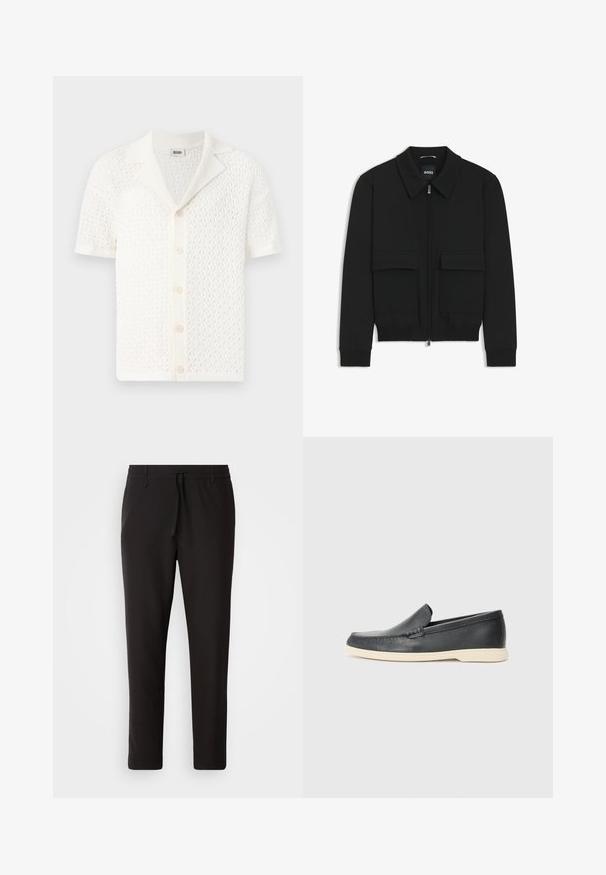 Chaqueta bomber negra con cuello tipo camisa, cierre frontal de cremallera y dos grandes bolsillos con solapa. Presenta puños ribeteados y dobladillo, confeccionada en tela texturizada.; Cárdigan de punto blanco de manga corta con un diseño de tejido abierto y texturizado y un cuello clásico. Presenta seis botones en el cierre frontal.; Pantalones de chándal negros de tejido suave. Cuentan con una cintura elástica con cordón, piernas ajustadas y sin bolsillos visibles. Diseño sencillo.; Mocasines de piel negra sin cordones con un acabado texturizado y una suela de goma beige en contraste. Presentan un sutil acento en la parte frontal.