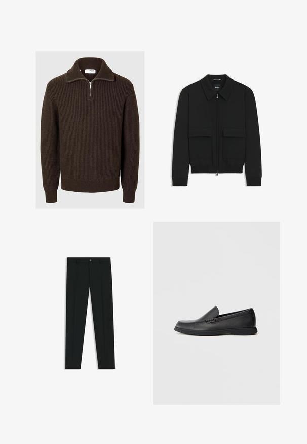 Zwarte bomberjack met een kraag, rits aan de voorkant en twee grote klepzakken. Heeft geribde manchetten en onderrand, gemaakt van textuurstof.; Selected Homme HALF-ZIP - Trui - chocolate torte; Zwarte dresspants met een recht pasvorm, gemaakt van een gladde stof. Heeft een sluiting met een knoop aan de voorkant en ceintuurlussen. Effen zonder patronen.; Zwarte leren instaploafer met een textuur bovenwerk, ronde neus, lage hak en rubberen zool, weergegeven in zijprofiel op een witte achtergrond.