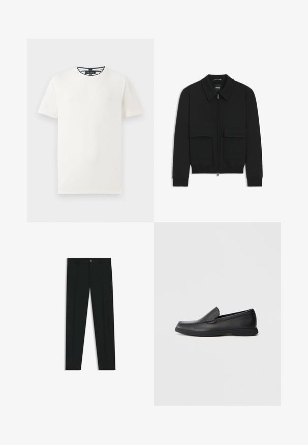 Black bomber jacket with a collared neck, zip front, and two large flap pockets. Features ribbed cuffs and hem, made of textured fabric.; White short-sleeve t-shirt with textured pattern, crew neckline, and navy-striped trim at collar. Lightweight fabric. Casual fit.; Black dress pants with a straight-leg design, made of smooth fabric. Features a front button closure and belt loops. Plain without patterns.; Black leather slip-on loafer with textured upper, rounded toe, low heel, and rubber sole, shown in side profile on white background.