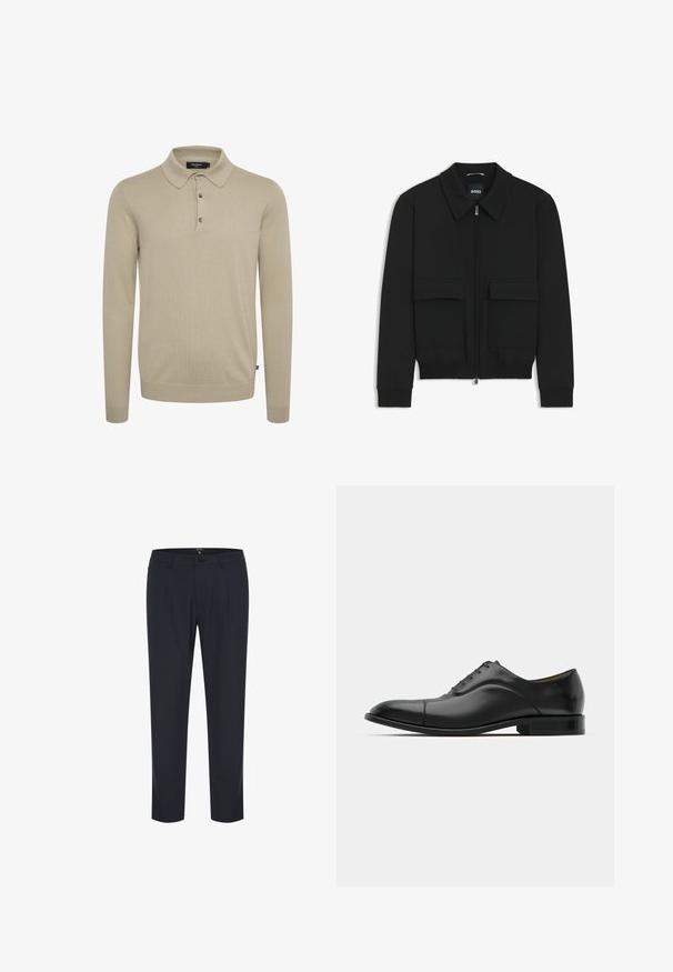 Chaqueta bomber negra con cuello tipo camisa, cierre frontal de cremallera y dos grandes bolsillos con solapa. Presenta puños ribeteados y dobladillo, confeccionada en tela texturizada.; Camisa de polo de manga larga en tejido de punto de color beige claro, con un cuello clásico, tapeta de tres botones y puños acanalados.; Pantalones de navy fabricados con tejido texturizado, que presentan un diseño de pierna recta, pliegues frontales y un cierre de un solo botón en la cinturilla.; Zapato de vestir de cuero negro con textura suave, puntera redondeada y cinco ojales. Presenta un tacón bajo apilado y un sutil detalle de costura.