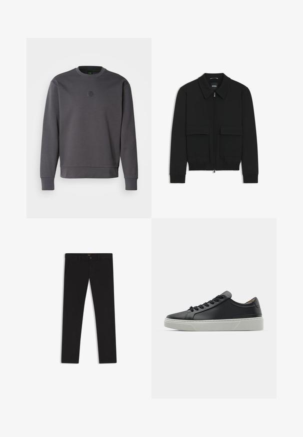 Black bomber jacket with a collared neck, zip front, and two large flap pockets. Features ribbed cuffs and hem, made of textured fabric.; Charcoal gray sweatshirt made of soft fabric, featuring a hexagonal logo on the chest, ribbed cuffs, and crew neckline. Simple, modern design.; Black trousers made of fabric with a smooth texture. Features a button closure, belt loops, and side pockets. Standard straight-leg design.; Black leather sneaker with a smooth texture, round toe, and black laces. Features a thick, white rubber sole with subtle geometric accents.