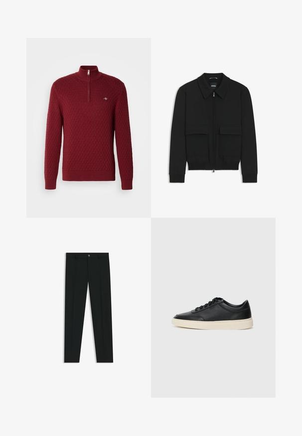Zwarte bomberjack met een kraag, rits aan de voorkant en twee grote klepzakken. Heeft geribde manchetten en onderrand, gemaakt van textuurstof.; Rode gebreide pullover met een gestructureerd ruitpatroon, hoge kraag en kwart rits. Kenmerkt ribgebreide boorden en zoom. Inclusief kleine logo-detail.; Zwarte dresspants met een recht pasvorm, gemaakt van een gladde stof. Heeft een sluiting met een knoop aan de voorkant en ceintuurlussen. Effen zonder patronen.; Zwarte leren sneaker met lage schacht, zwarte veters en off-white zool, weergegeven in zijprofiel op een witte achtergrond.