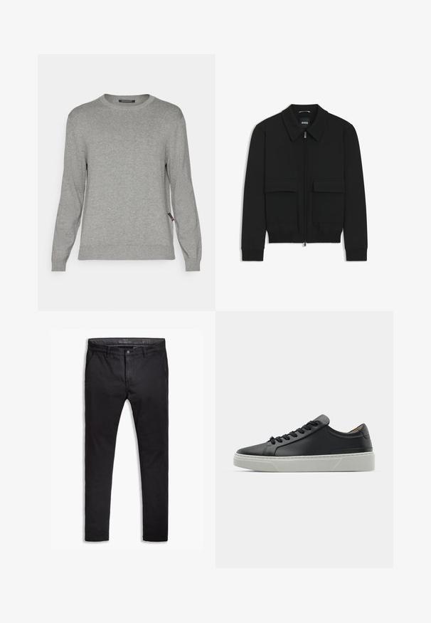 Giacca bomber nera con colletto, chiusura a zip frontale e due grandi tasche con patta. Presenta polsini e orlo a costine, realizzata in tessuto testurizzato.; Maglione grigio chiaro con maniche lunghe, scollo rotondo e polsini a coste. Presenta una texture sottile e un piccolo tag con logo sul lato.; Chinos neri in cotone con vestibilità affusolata, dotati di cinque tasche, passanti per cintura e una superficie liscia. Chiusura con zip e bottone.; Sneaker in pelle nera con una texture liscia, punta rotonda e lacci neri. Presenta una suola in gomma bianca spessa con sottili accenti geometrici.