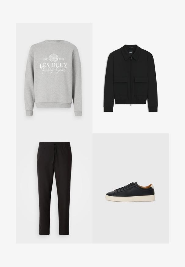 Black bomber jacket with a collared neck, zip front, and two large flap pockets. Features ribbed cuffs and hem, made of textured fabric.; Light gray sweatshirt with a crew neck, featuring white printed text "LES DEUX Sporting Goods" and a logo. Ribbed cuffs and hem.; Black jogger pants made of smooth fabric. Feature an elastic waistband with a drawstring, tapered legs, and no visible pockets. Simple design.; Black leather sneakers with a smooth texture, beige rubber sole, lace-up design, and a contrasting heel accent.