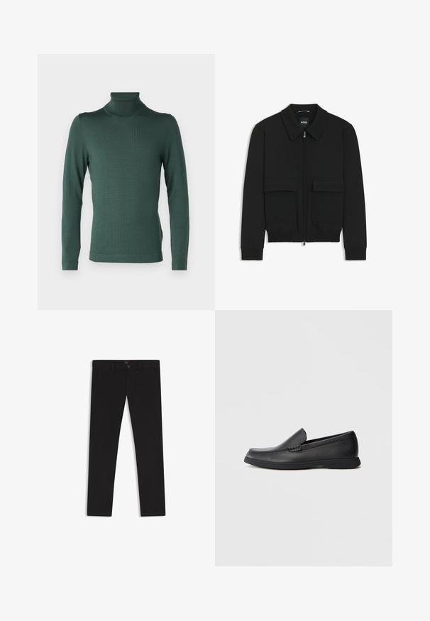 Giacca bomber nera con colletto, chiusura a zip frontale e due grandi tasche con patta. Presenta polsini e orlo a costine, realizzata in tessuto testurizzato.; DRYKORN JOEY - Maglione - green; Pantaloni neri realizzati in tessuto con una superficie liscia. Presentano una chiusura con bottone, passanti per cintura e tasche laterali. Design a gamba dritta standard.; Mocassino slip-on in pelle nera con sopra testurizzato, punta arrotondata, tacco basso e suola in gomma, mostrato in profilo laterale su sfondo bianco.